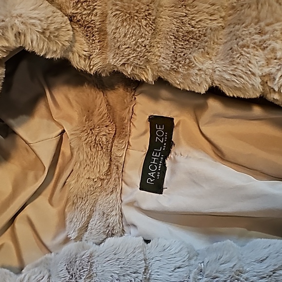 STUNNING TAN RACHEL ZOE RIBBED FAKE FUR HOODED COAT - Picture 7 of 14
